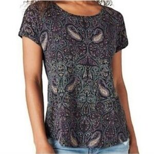 Lucky Brand Purple Black Paisley Split Back Short Sleeve Tee Shirt size 1X